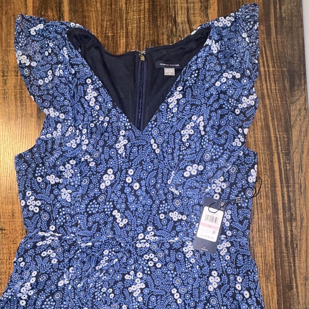 Tommy Hilfiger Blue Floral V-Neck Flutter Sleeve Fit & Flare Midi Dress 10 NWT
